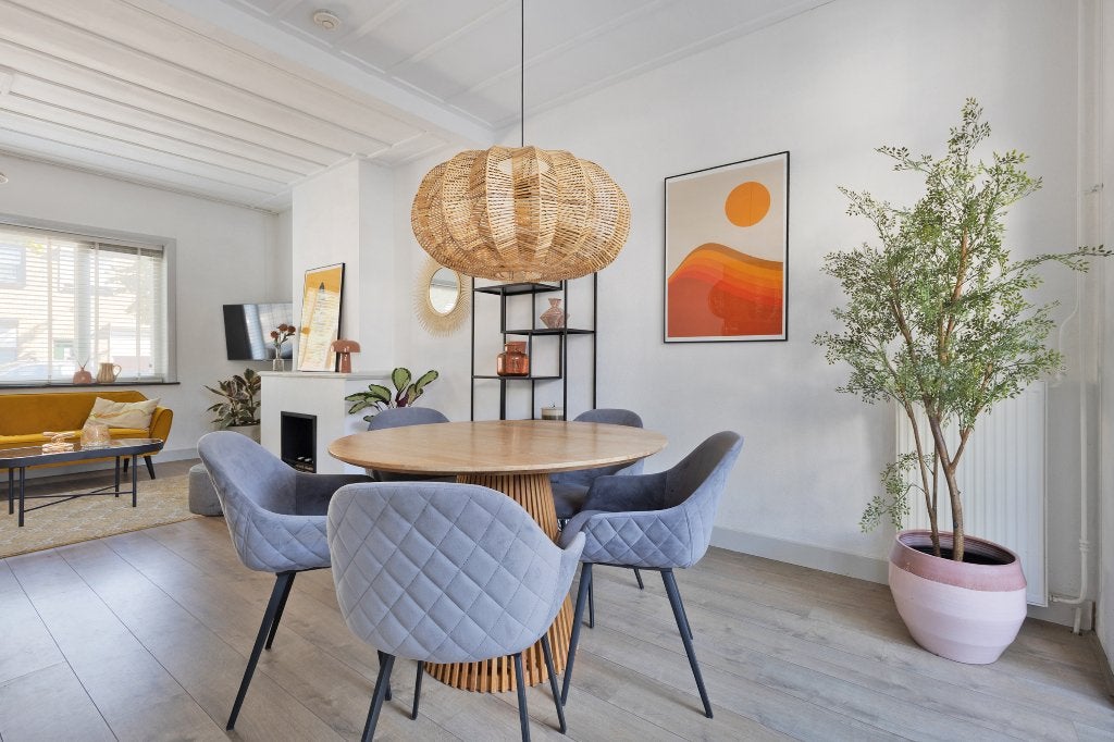 Stijlvolle ronde eettafel met houten lattenvoet 120 cm, Ophalen, Japandi, 100 tot 150 cm, 50 tot 100 cm