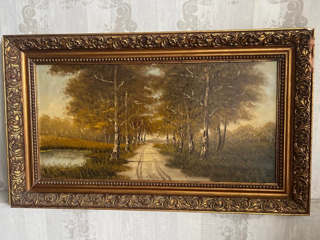 Antiek Schilderij Bospad langs Meertje - Jaren '60-'70, Antiek en Kunst, Ophalen
