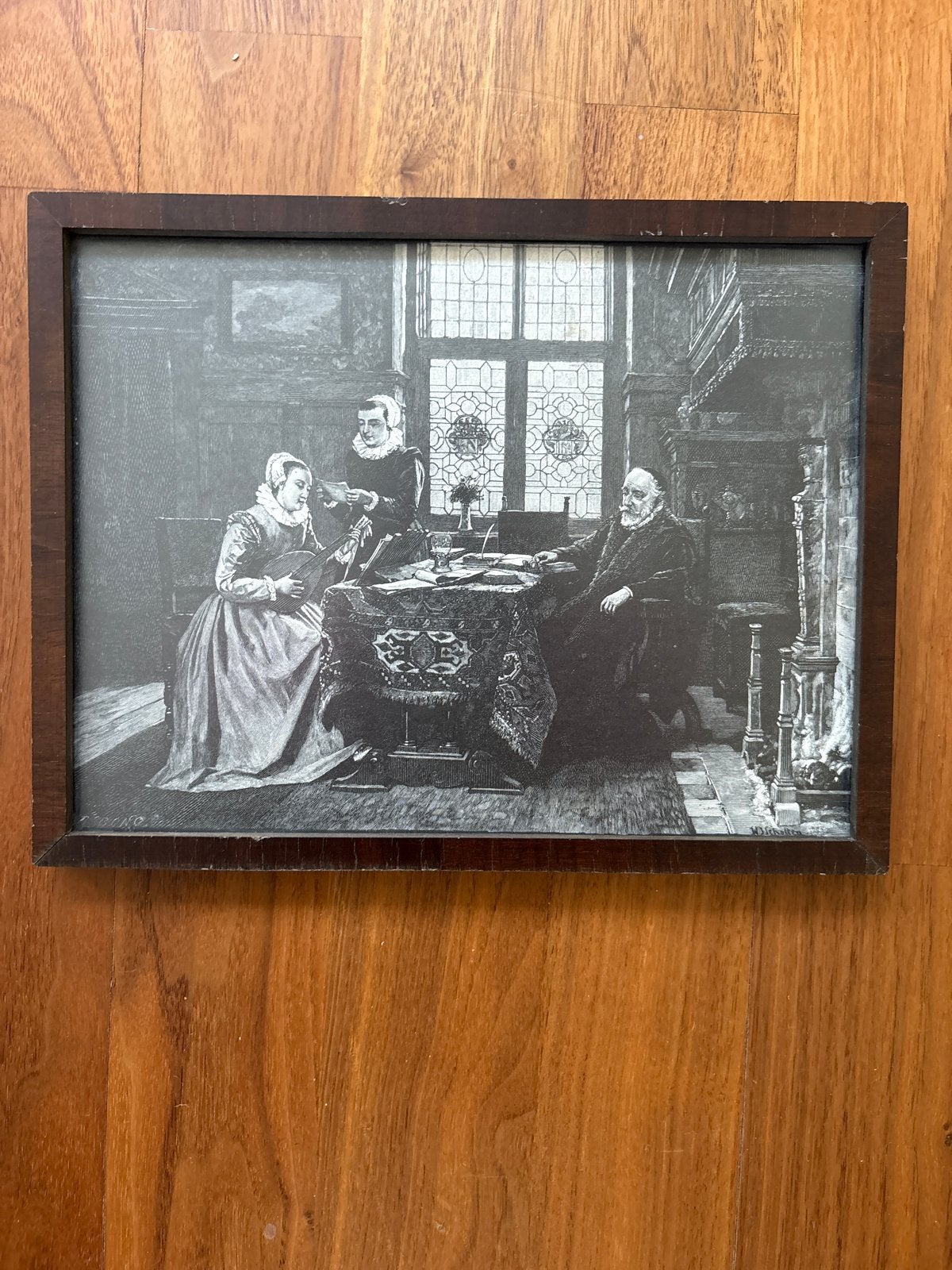 Antieke ingelijste prent van gezelschap, 25x19 cm, Antiek en Kunst, Ophalen, Portret of Personen, Klassiek, Print