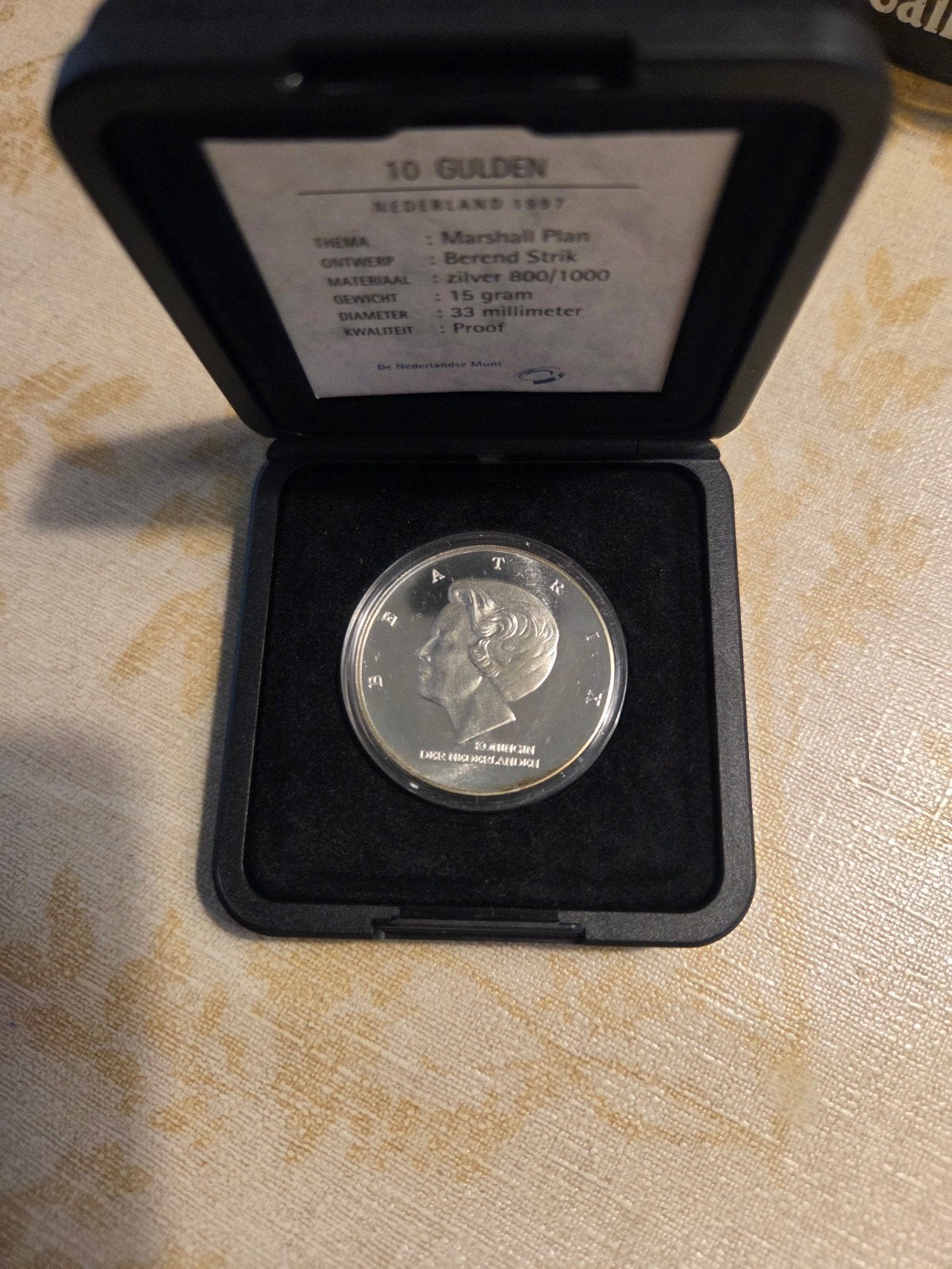 10 Gulden Nederland 1997 Marshall Plan Zilver Proof, Koningin Beatrix, Zilver, Ophalen of Verzenden, Losse munt