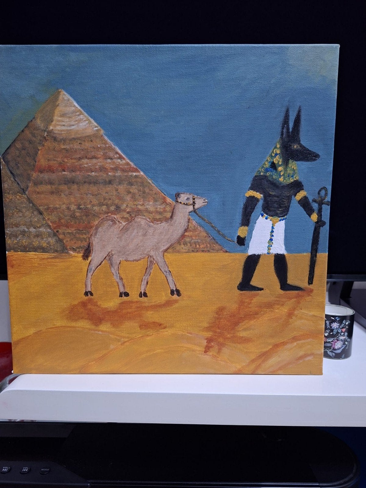 Handgeschilderd Egyptisch kunstwerk - Anubis & Kameel, Ophalen of Verzenden