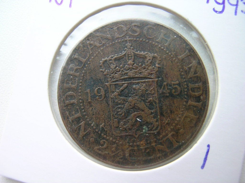 2,5 Cent 1945 Nederlands Indie (nr 1), Ophalen of Verzenden, Koningin Wilhelmina, Overige waardes, Losse munt