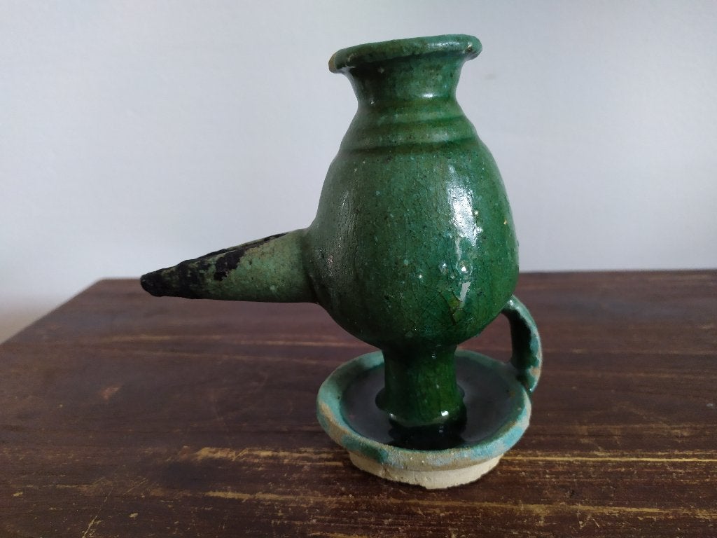 Oude Perzische aardewerk olielamp Aladin olijfgroen glazuur, Ophalen of Verzenden