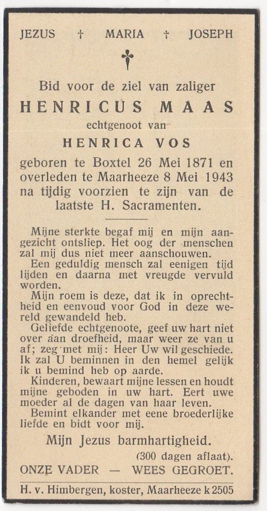 Henricus Maas 1871 Boxtel + 1943 Maarheeze, 71 jaar, Ophalen of Verzenden