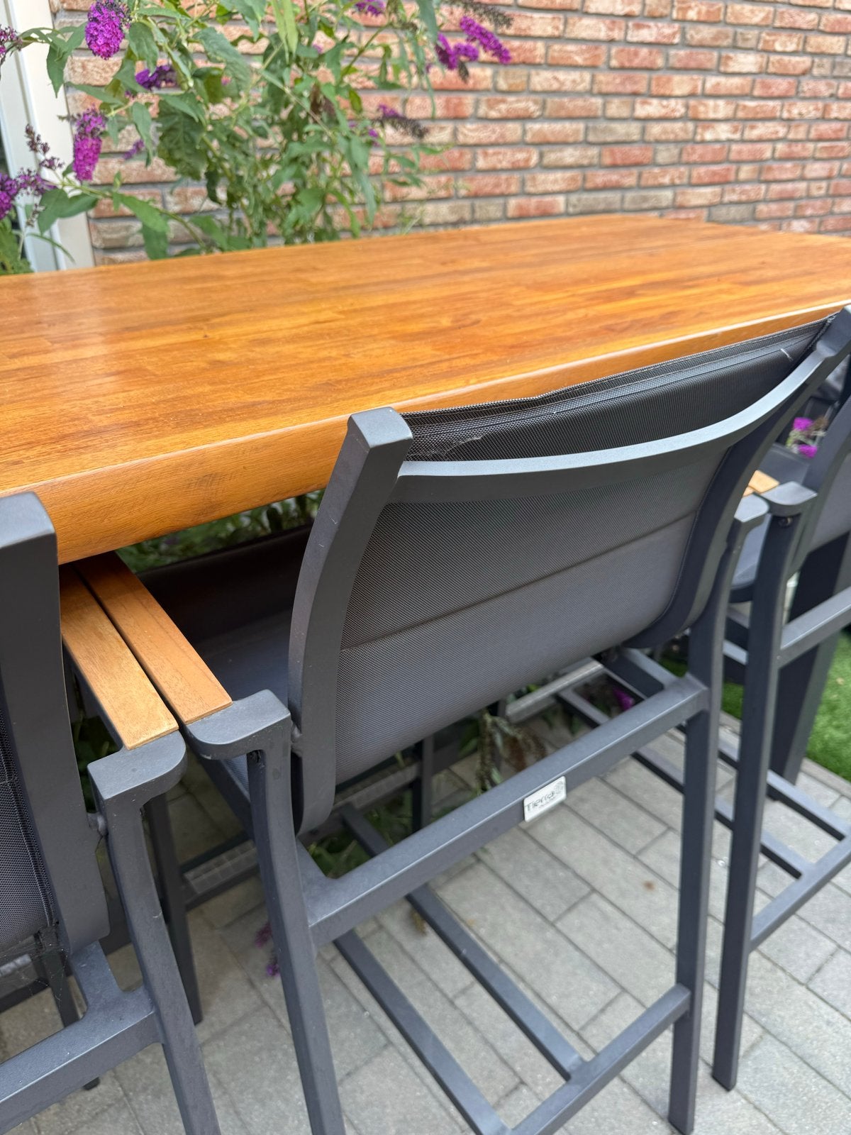 Stijlvolle bartafel met 6 barkrukken - Teakhout & Metaal, Ophalen, Gebruikt, Rechthoekig, Hout