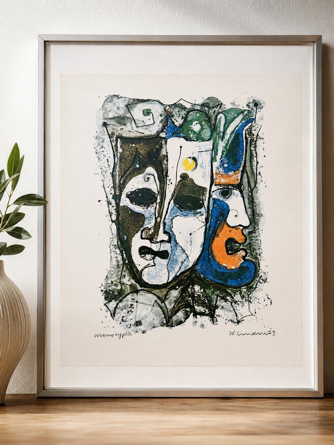 Walter Lindner – Monotypie ‘Drie Maskers’ – 1973 – Gesigneer, Antiek en Kunst, Ophalen of Verzenden
