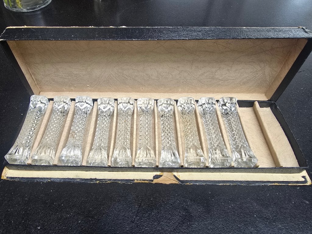 10 glazen messenleggers-originele doos(vintage,geperst glas), Ophalen of Verzenden