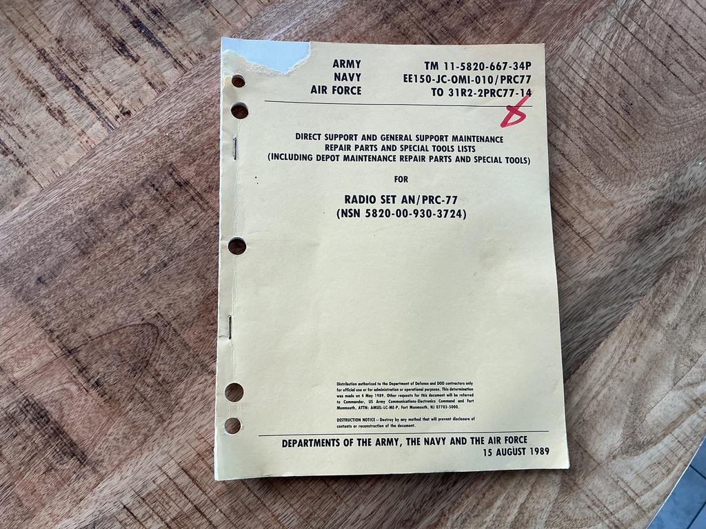 @ ORIGINELE REPAIR AND TOOLS LIST AN/PRC -77 US ARMY @, Ophalen of Verzenden, Zo goed als nieuw, Zender en Ontvanger