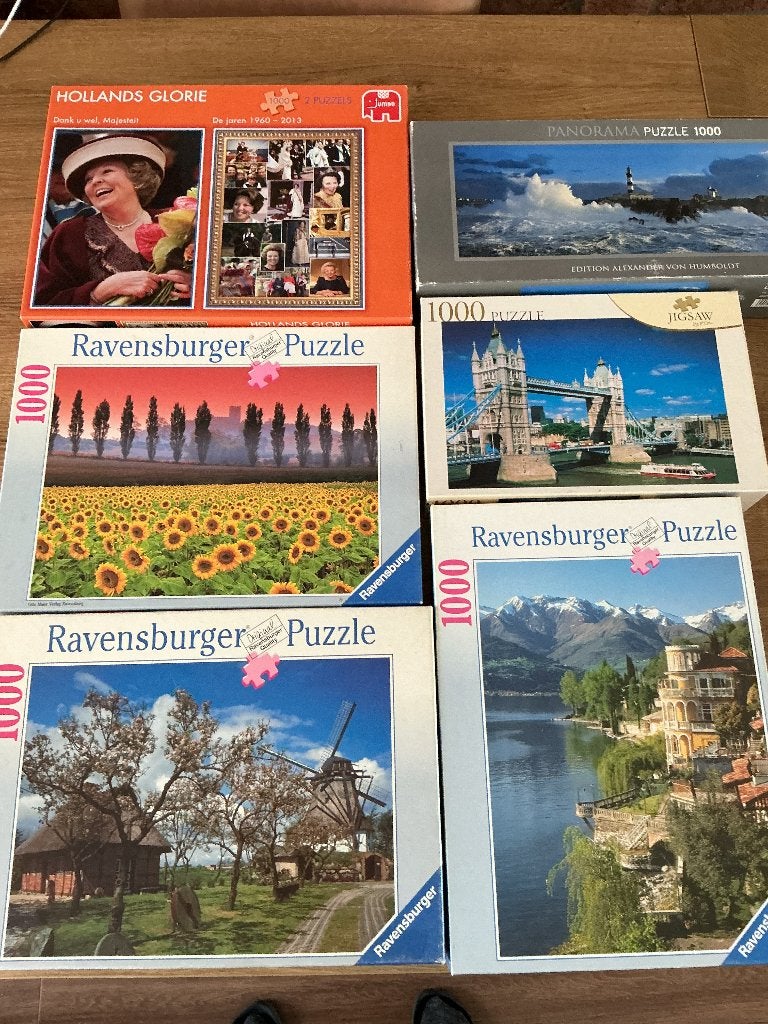 6 Dozen met 7 Puzzels voor 15 euro, Ophalen of Verzenden, 500 t/m 1500 stukjes, Gebruikt, Legpuzzel