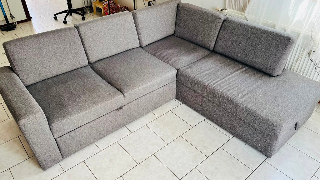 JYSK BEDSTED hoek-slaapbank met opbergruimte – grijs – €195, Ophalen, Gebruikt, Driepersoons, Modern Scandinavisch, minimalistisch