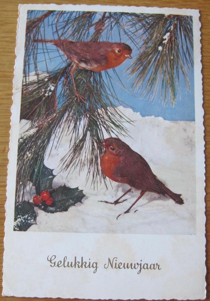 Gelukkig nieuwjaar - roodborstjes in de sneeuw - 1958, Verzenden, 1940 tot 1960, Gelopen, Overige thema's