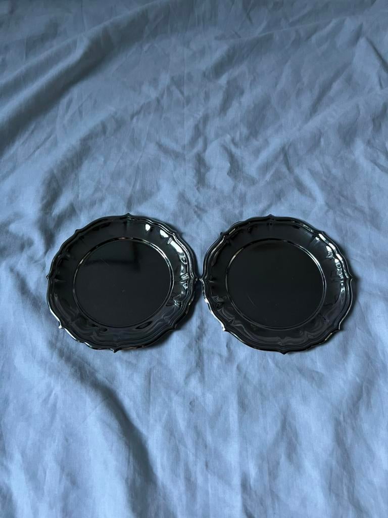 Vintage Franse RVS serveerbordjes inox schaaltjes set van 2, Ophalen, Overige materialen, Overige stijlen, Schaal of Schalen