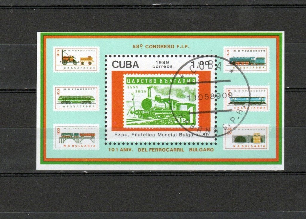 Treinblok Cuba 1989 blok 115, Ophalen of Verzenden, Gestempeld, Treinen
