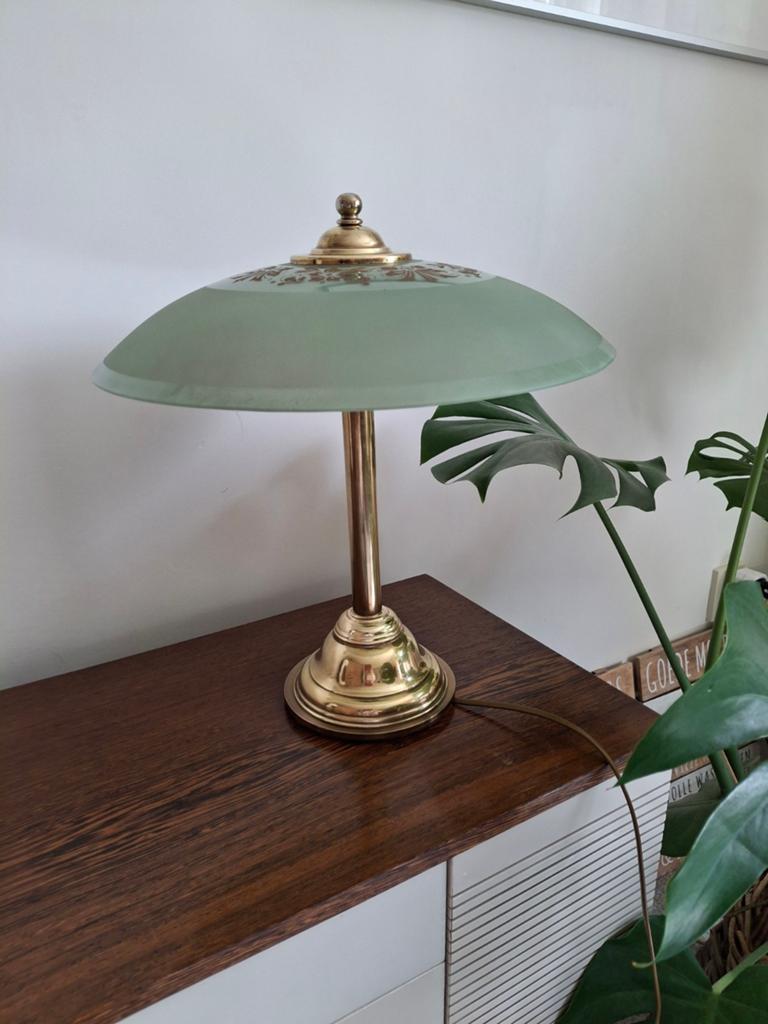 Vintage Mushroom Tafellamp Groen Melkglas Gouden Strikpatroo, Vintage, Jaren 60, Ophalen of Verzenden, Zo goed als nieuw, Glas