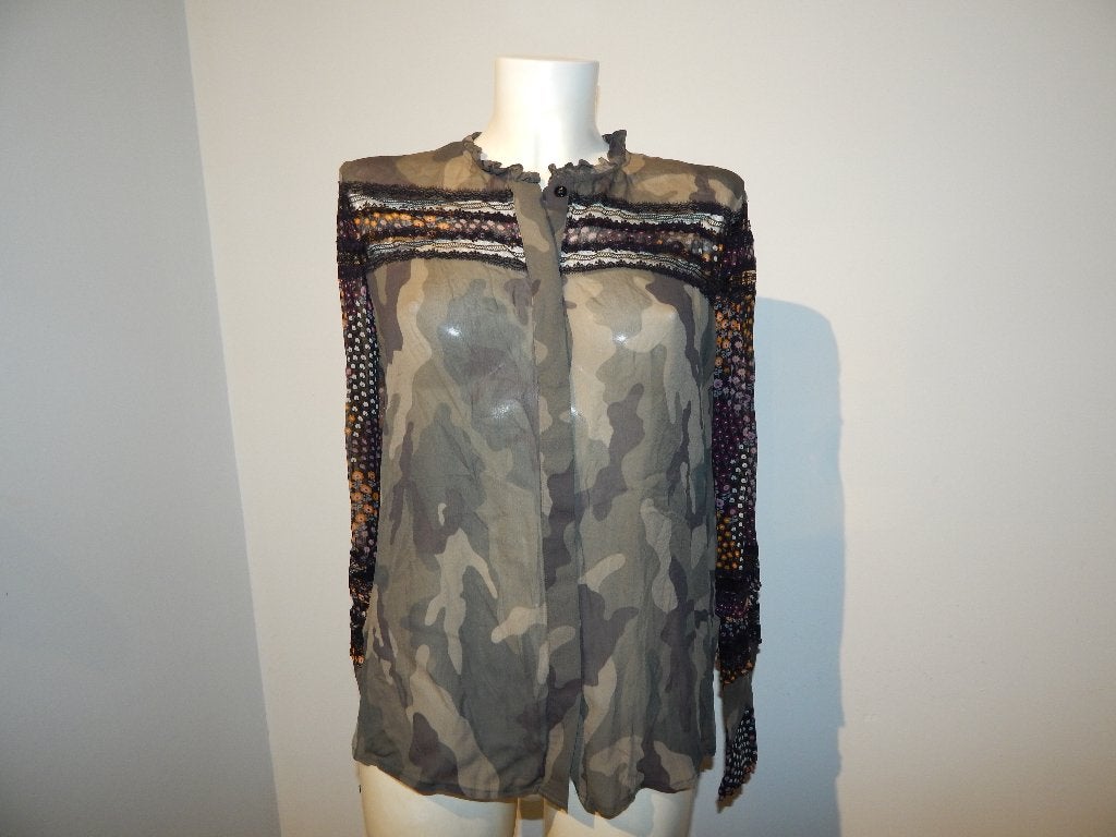 TwinSet voile blouse voile delen kant camoflage print 38, Maat 38/40 (M), Twinset, Zo goed als nieuw, Meerkleurig