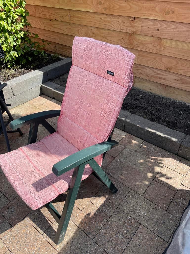 4 groene opklap tuinstoelen incl kussens!, Ophalen of Verzenden, Gebruikt, Kunststof, Verstelbaar