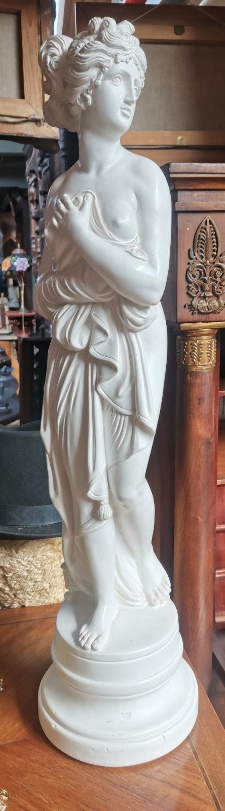Staandbeeld Griekse Godin
65 cm hoog.
Mater, Gips, Ophalen of Verzenden, Gepatineerd, Wit
