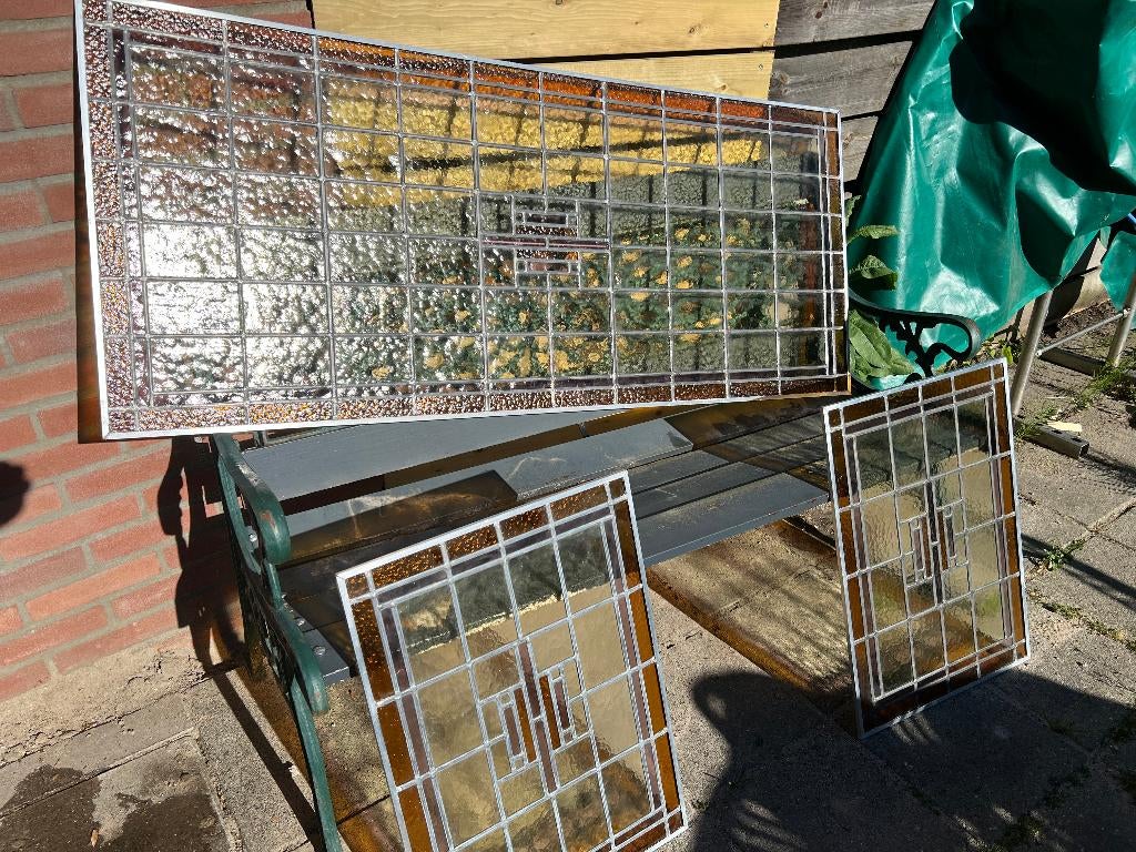 Set antiek oude glas in lood panelen, Antiek en Kunst, Curiosa en Brocante, Ophalen