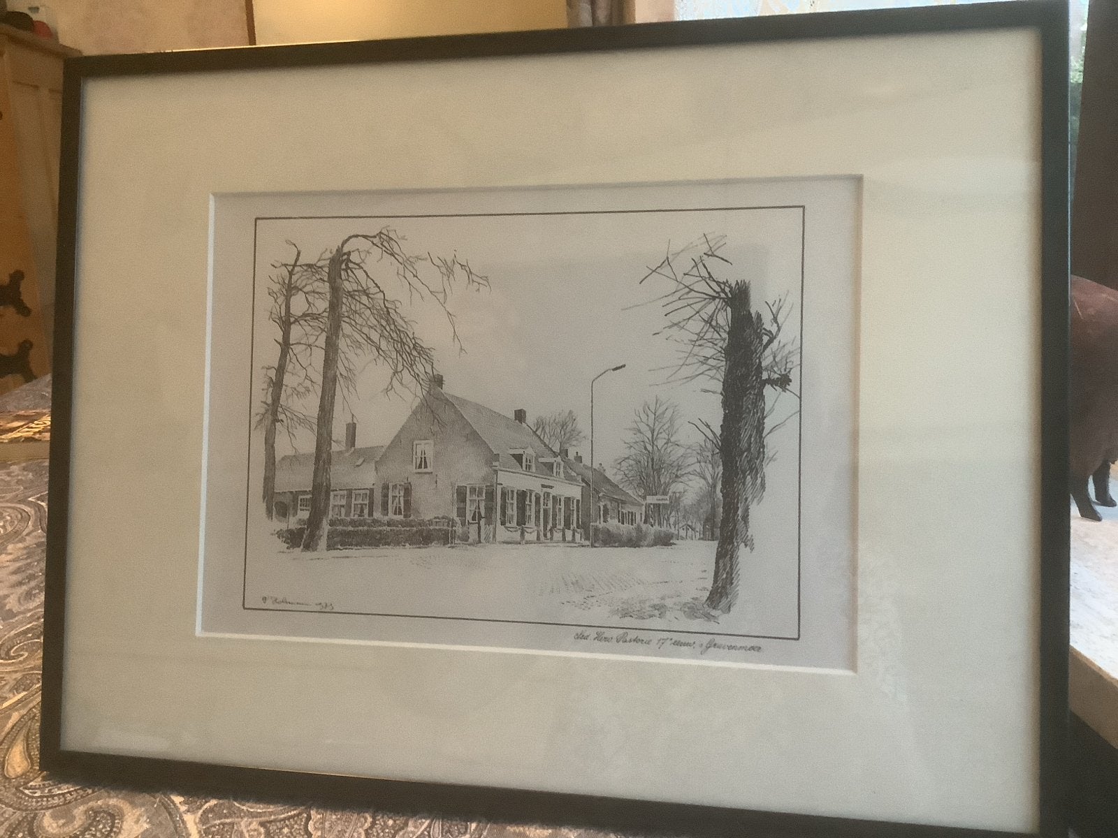 Ets pastorie N.H. kerk  in de17e eeuw ‘s Gravenmoer., Antiek en Kunst, Ophalen of Verzenden, Tekening, Potloodtekening, Gesigneerd
