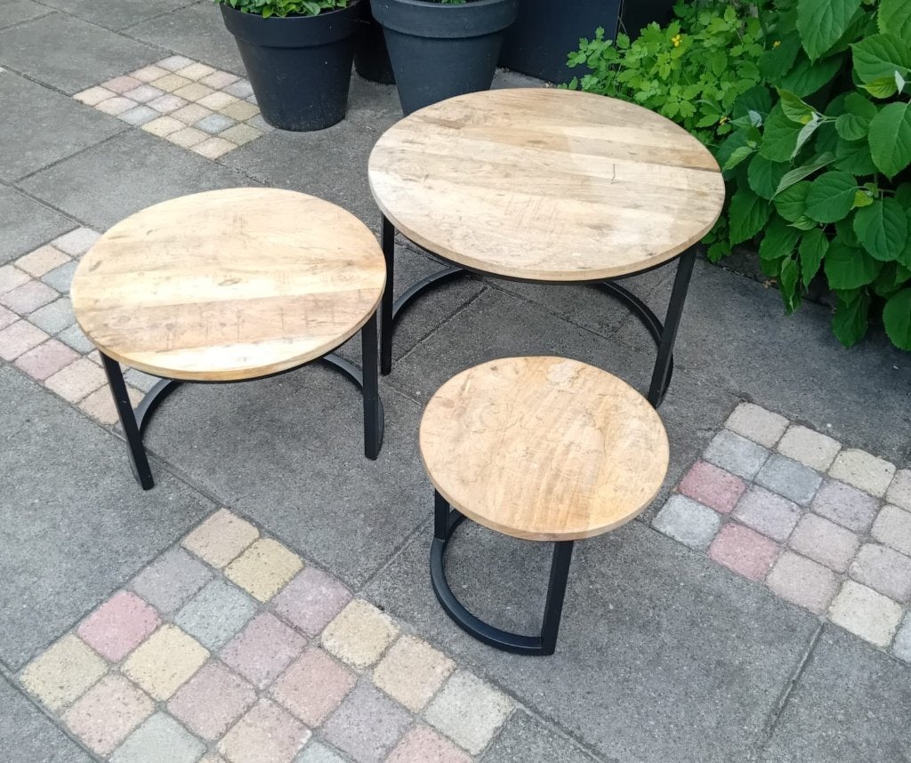 Mango houten tafels, set/3, Ophalen, Gebruikt, Rond, Minder dan 55 cm