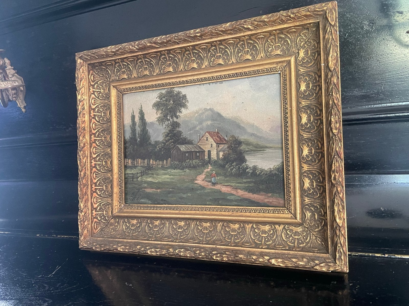 Antiek Landschap Schilderij met Huisje en Rivier, Antiek en Kunst, Kunst | Schilderijen | Klassiek, Paneel, Ophalen of Verzenden