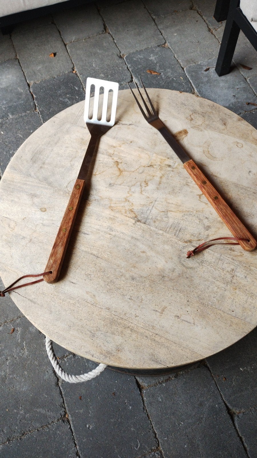 BBQ spatel en vleesvork set met houten handvat, Ophalen of Verzenden, Gebruikt, Onbekend