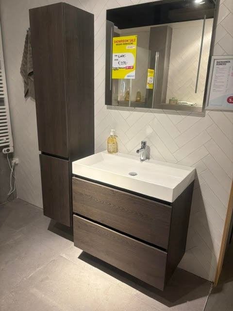 Compleet Badmeubel Sepia Eiken 80cm + Hoge Kast + Kraan, Ophalen, Overige typen, 50 tot 100 cm, Zo goed als nieuw