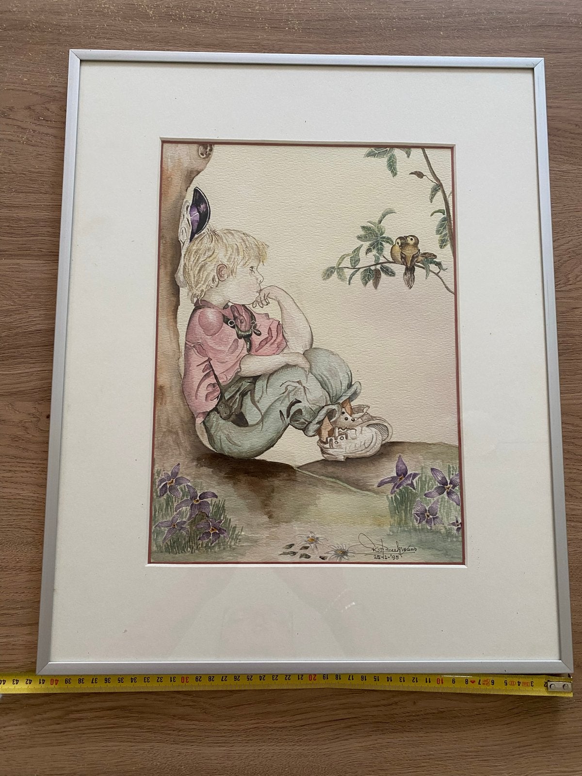 Ingelijste aquarel van een jongen, Ophalen of Verzenden, Tekening, Aquarel, Achter glas