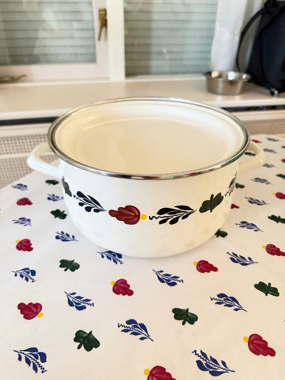 Emaille Kookpan met Deksel - boerenbont, Gebruikt, Met deksel, Ophalen of Verzenden, Kookpan