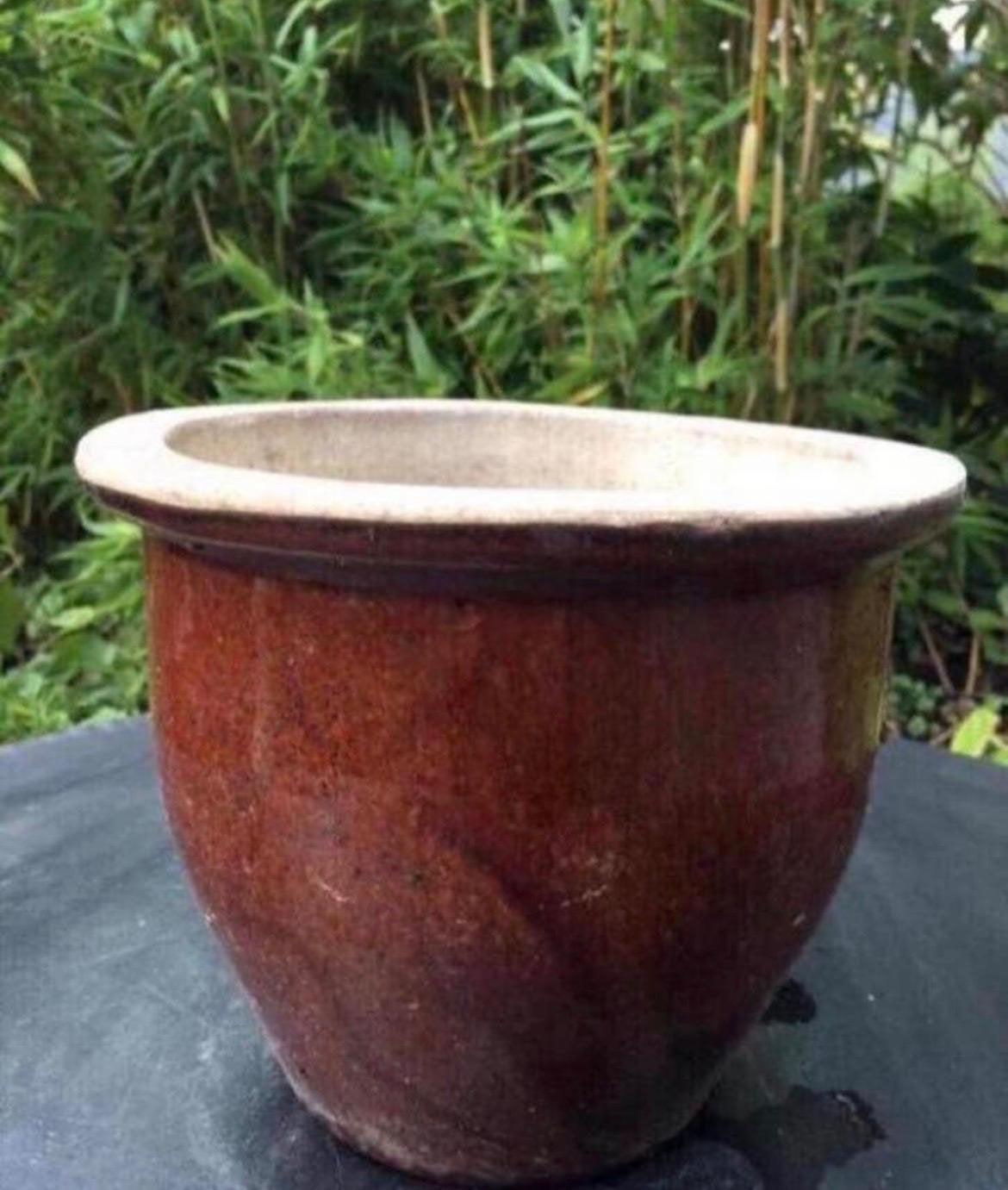 Mooie oud Hollandse terracotta geglazuurd bruin bloempot, Ophalen, Rond, Zo goed als nieuw, Binnen
