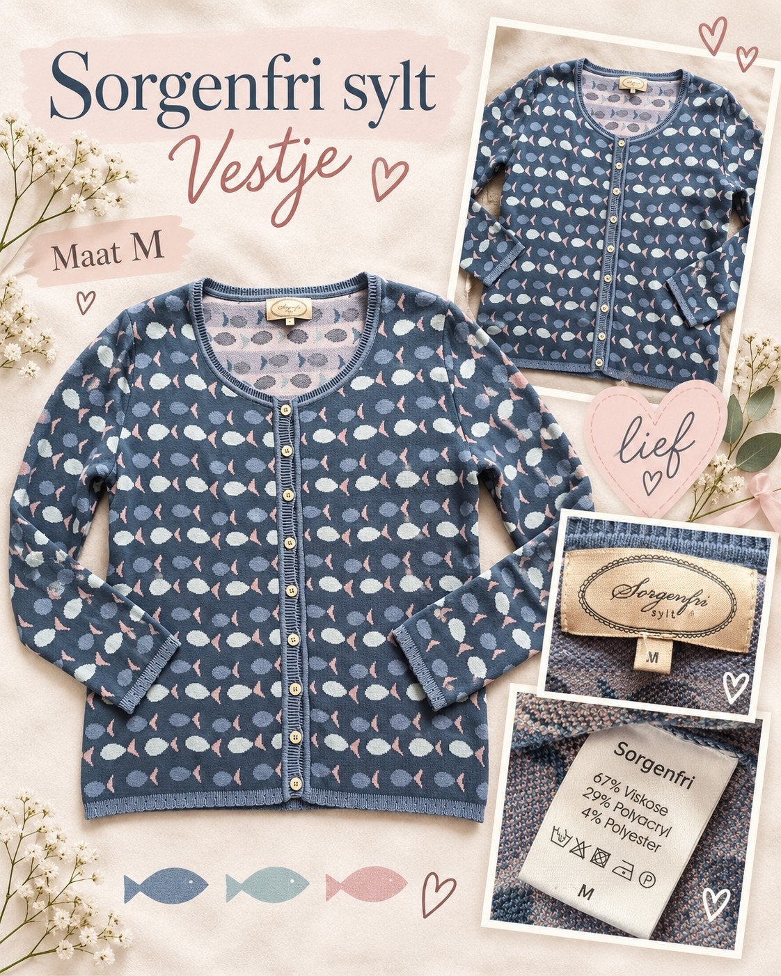 prachtig lief vestje sorgenfri maat m blauw visjes, Ophalen of Verzenden, Zo goed als nieuw, Maat 38/40 (M), Blauw
