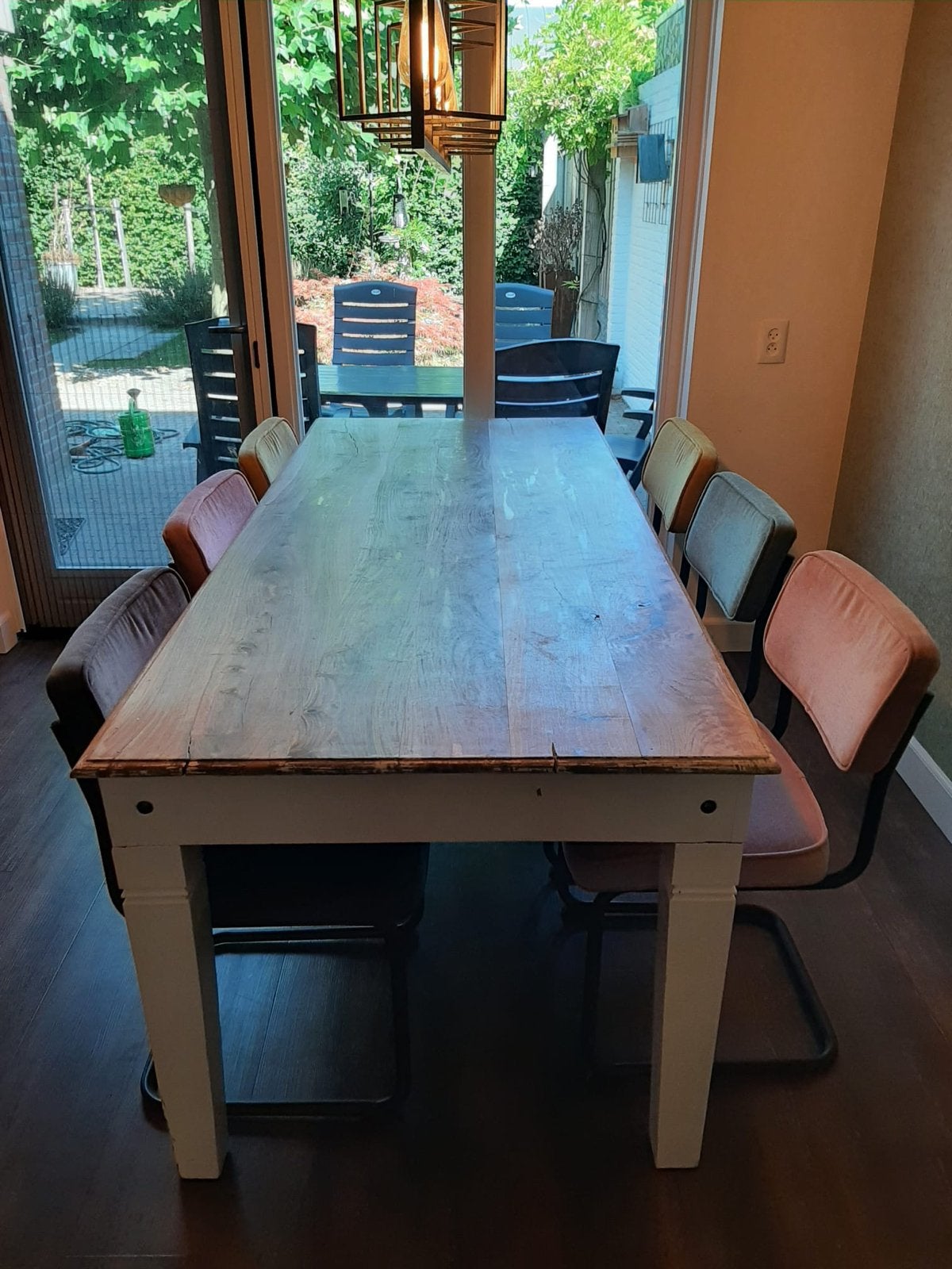 Robuuste eettafel met 8 stoelen, Ophalen, Gebruikt, 50 tot 100 cm, Vijf personen of meer