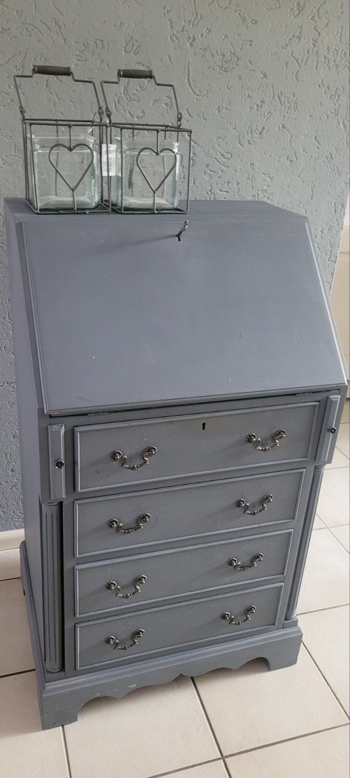 Vintage Secretaire Bureau - Grijs geverfd, Huis en Inrichting, Kasten | Secretaires, Ophalen, Gebruikt, Vintage, Klassiek, Landelijk