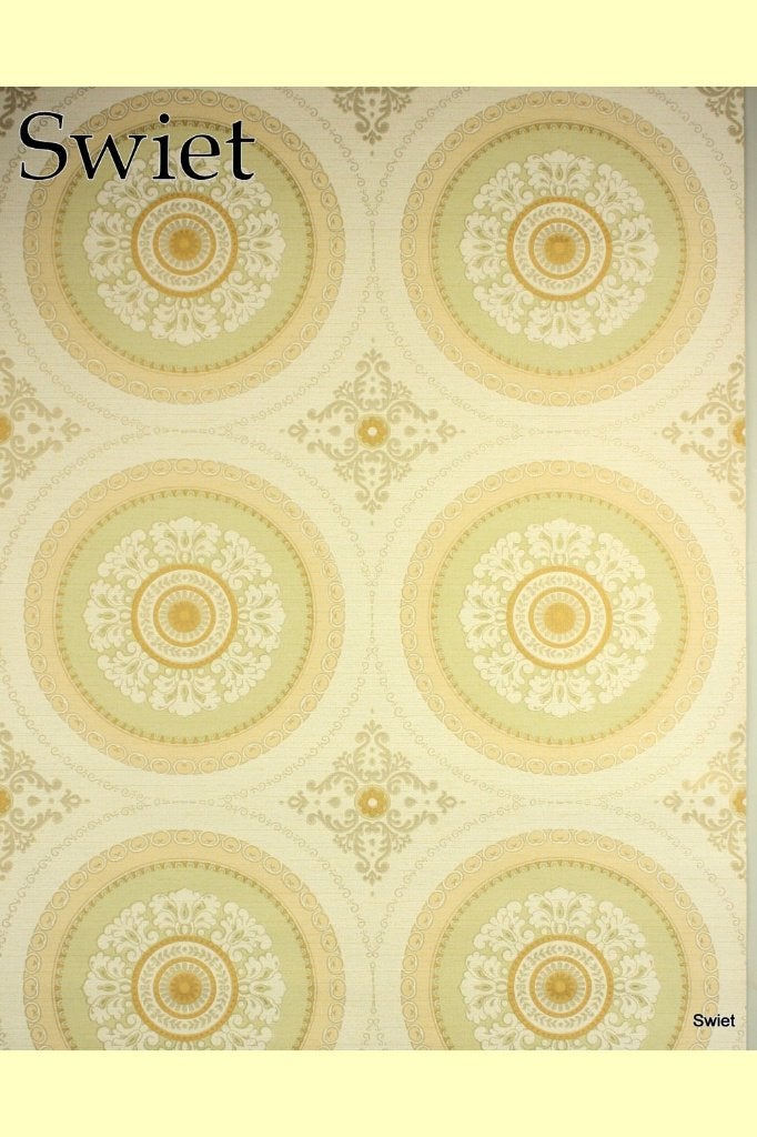 4977 medaillon behang groen geel chique retro klassiek 70s, Verzenden, Geel