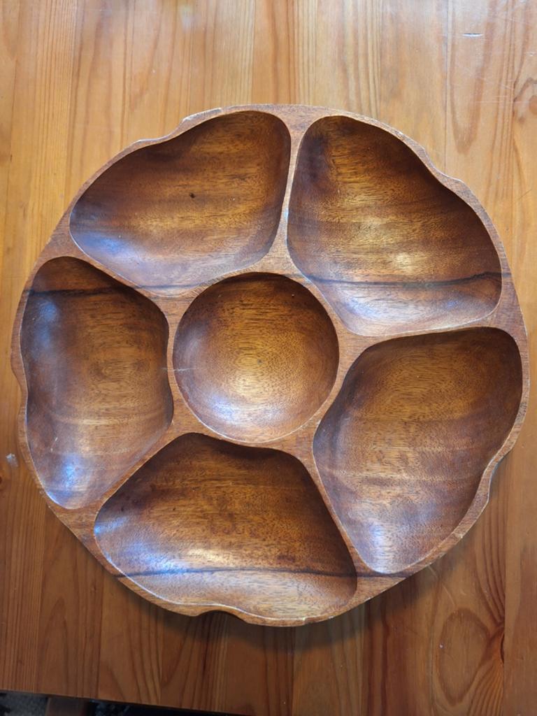 Vintage / retro teak serveerschaal, 6 vakken, Ophalen of Verzenden, Rond, Hout