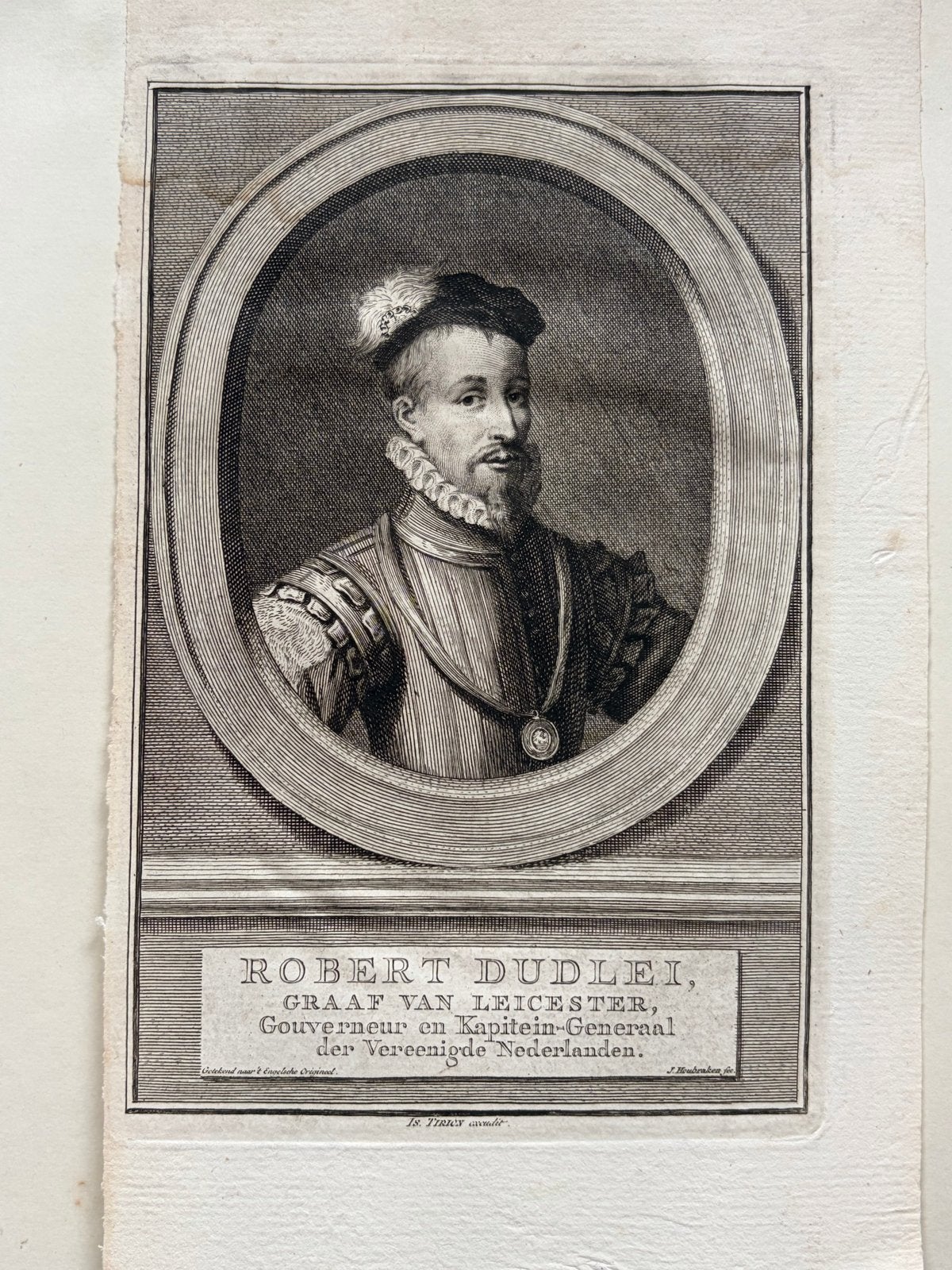 Gravure Robert Dudley, Graaf van Leicester, ca 1760, Met tekst, Ophalen of Verzenden, Gravure, 11 cm