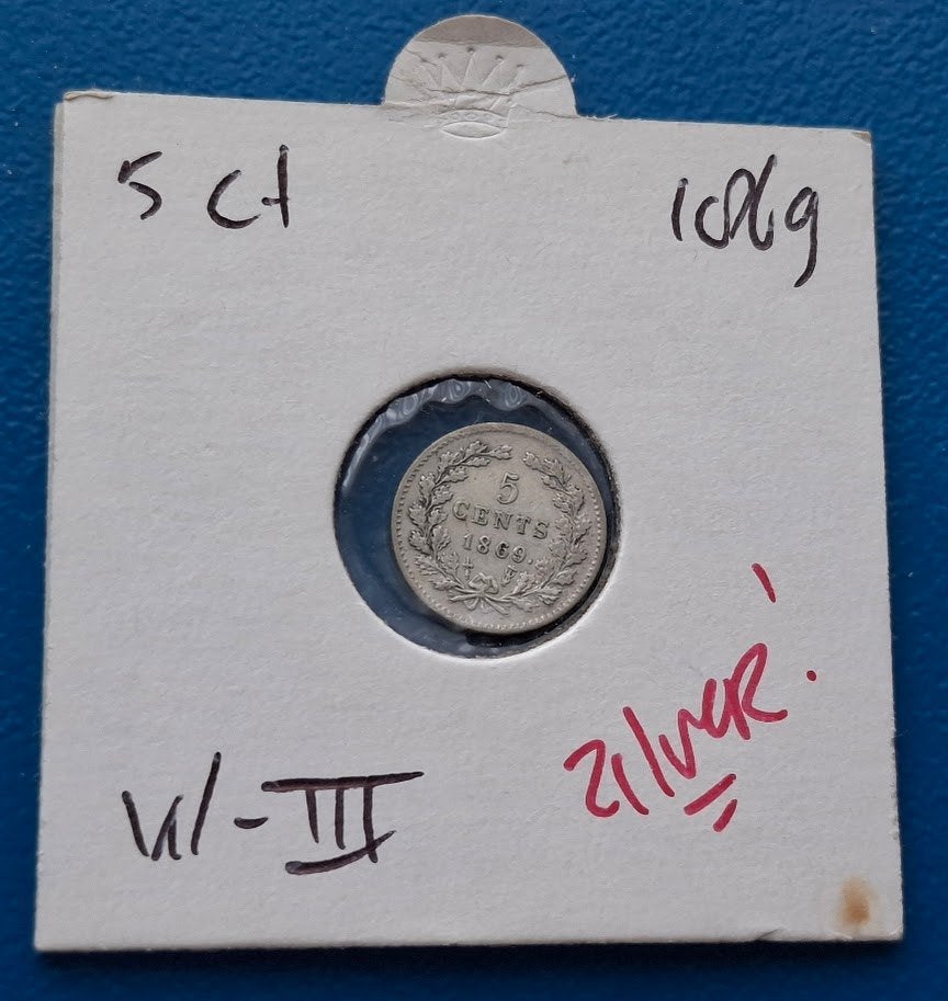 *Nederland 5 cent 1869 - Willem III, Postzegels en Munten, Koning Willem III, Verzenden, Zilver, Losse munt