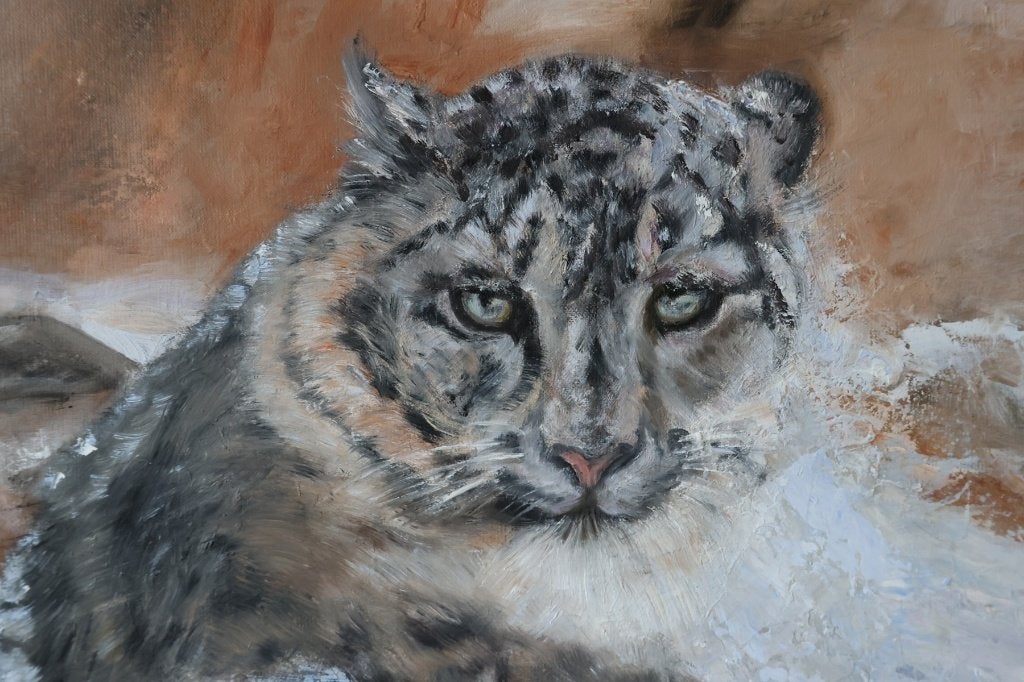 Schilderij tijger sneeuwpanter olieverf op linnen 120 x 80cm, Ophalen of Verzenden, Dieren, Olieverf, Gesigneerd
