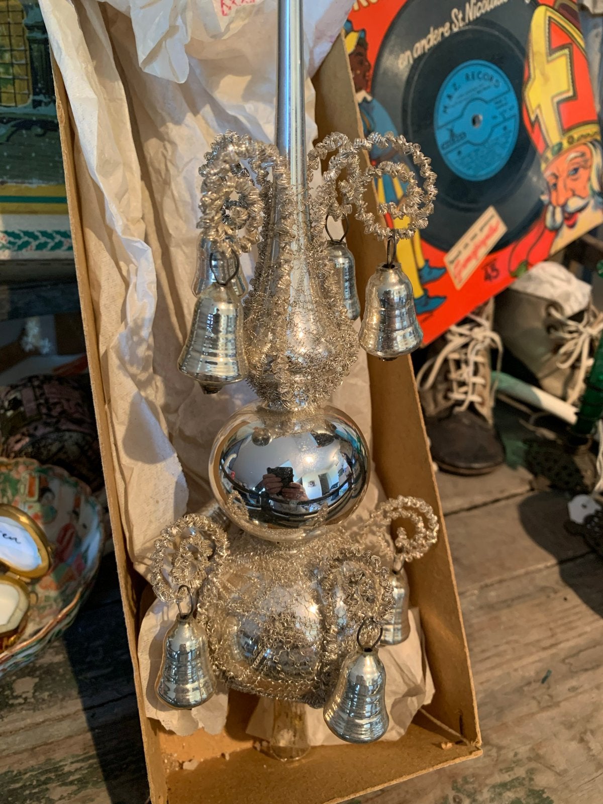 Antieke kerstboom piek met klokjes - Zilverkleurig glas, T, Ophalen of Verzenden, Zo goed als nieuw, N
