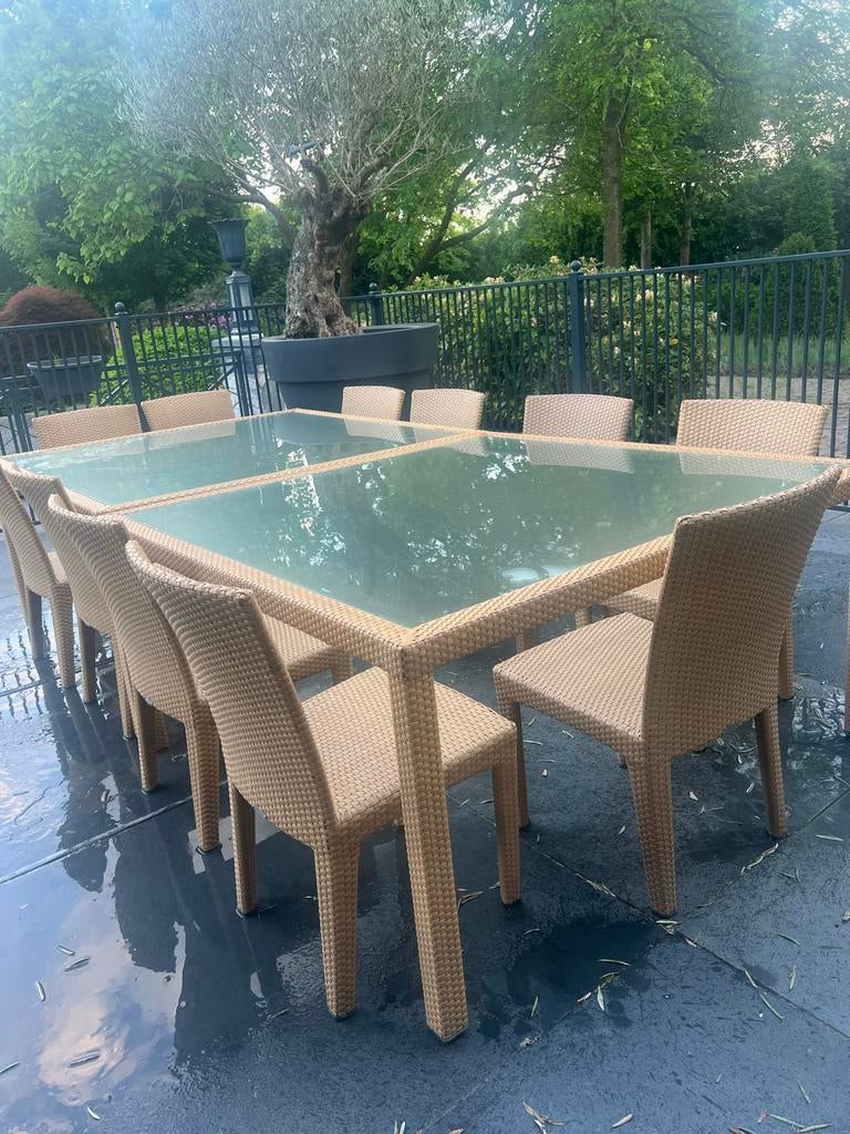 Dedon Tuinset met 2 Tafels en 10 Stoelen, Ophalen, Gebruikt, Eettafel, Meer dan 8 zitplaatsen