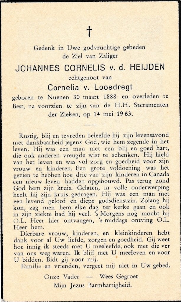 Heijden Johannes 1888 Nuenen 1963 Best, Ophalen of Verzenden, Bidprentje