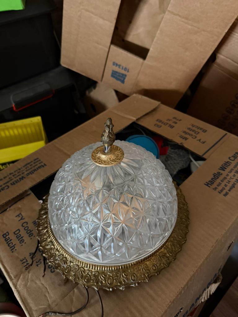 Vintage Plafondlamp met Geslepen Glas en Messing, Ophalen of Verzenden