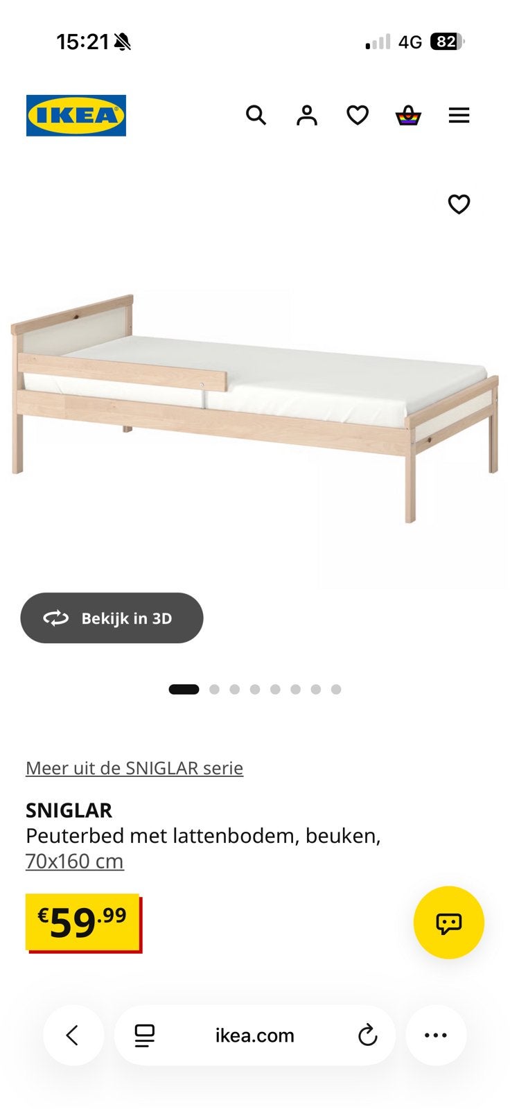 Sniglar Peuterbed met lattenbodem, beuken, 70x160 cm, Ophalen, Gebruikt