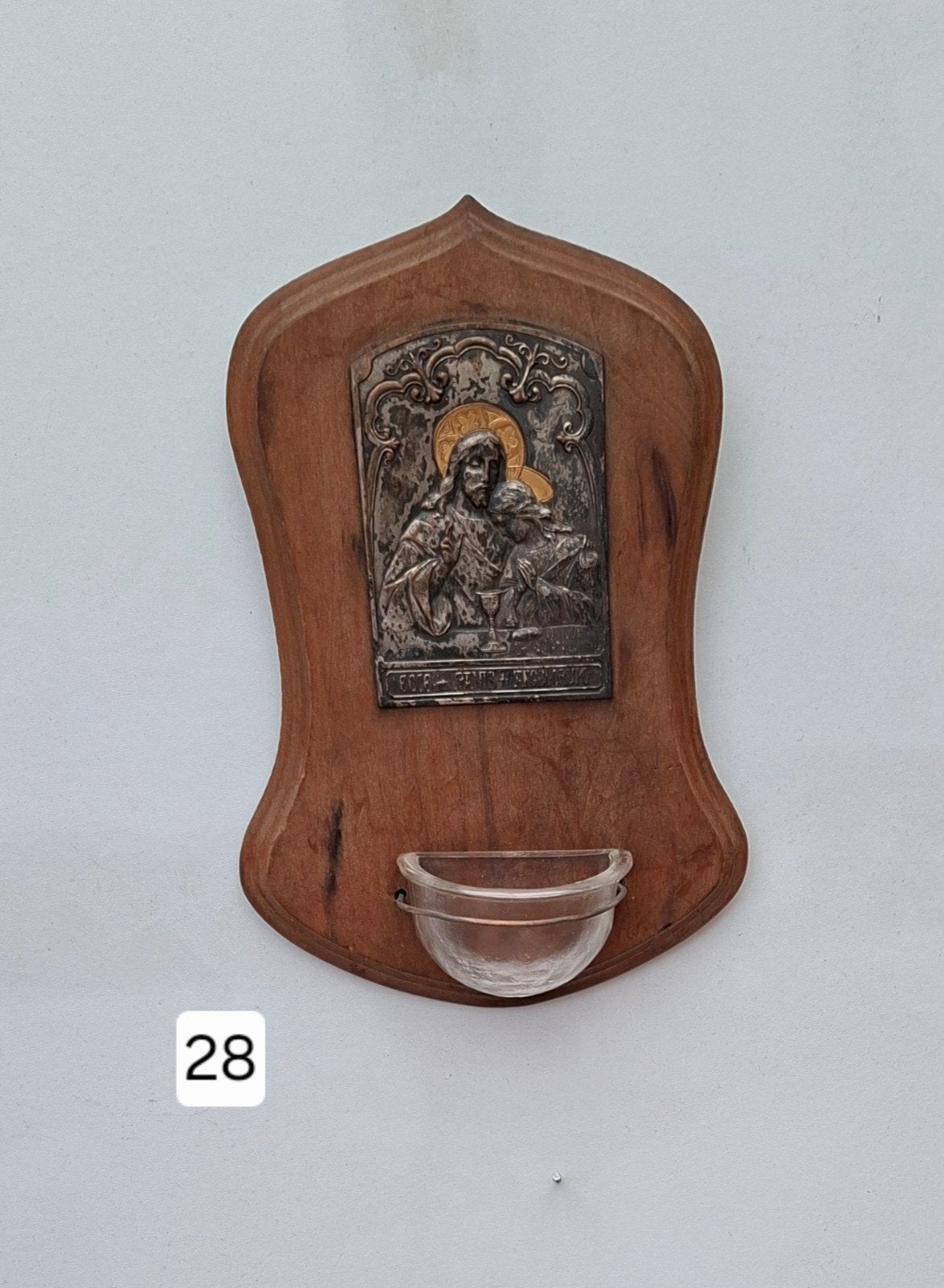 Antiek wijwaterbakje met religieuze afbeelding, Ophalen of Verzenden