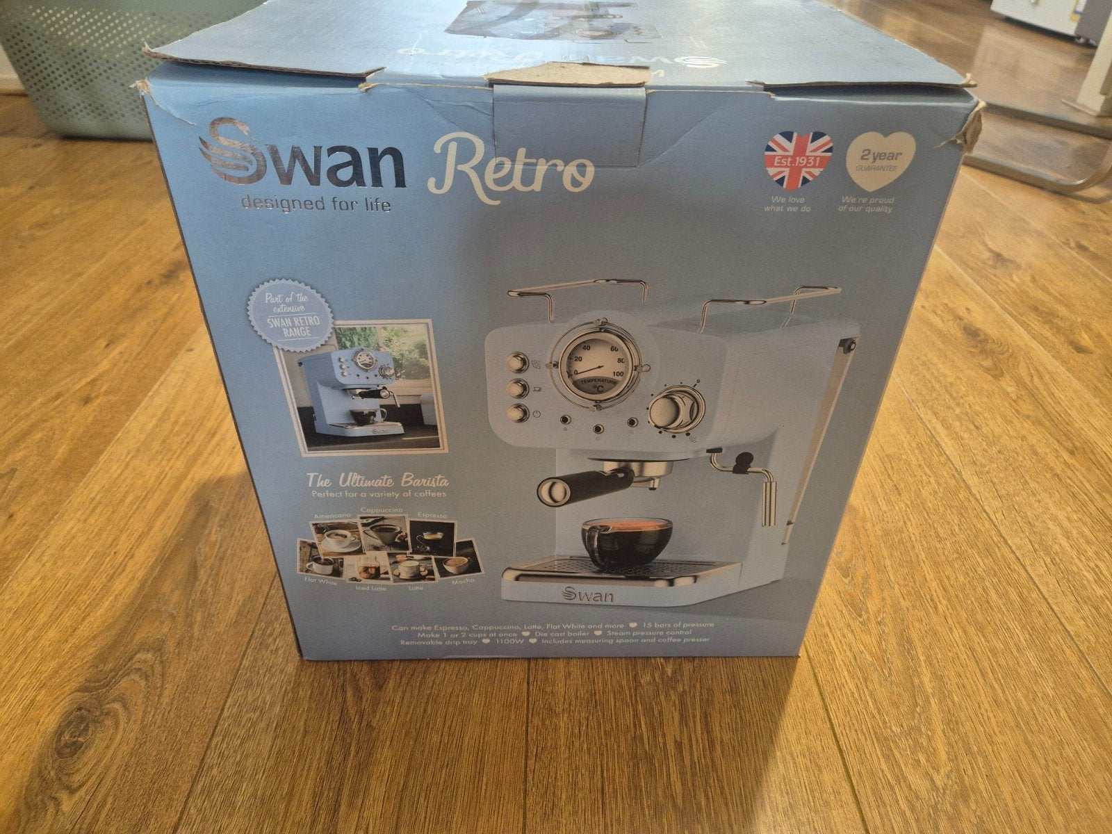 Swan Retro Espressomachine (SK22110BLN) - nieuw, Espresso apparaat, Ophalen of Verzenden, Zo goed als nieuw, Gemalen koffie