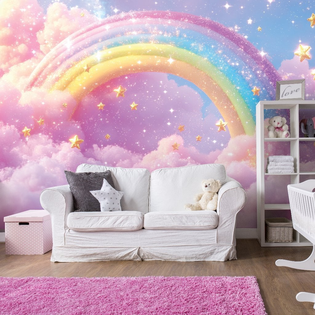 Fotobehang Meisjeskamer Magische Regenboog tussen de Wolken, Huis en Inrichting, Stoffering | Behang, Overige patronen, Info@fotobehangkoning.nl