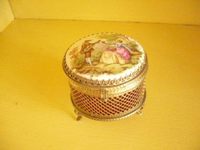 Mie18<> sieraden doosje met porselijnen deksel en spiegel, Antiek en Kunst, Ophalen of Verzenden