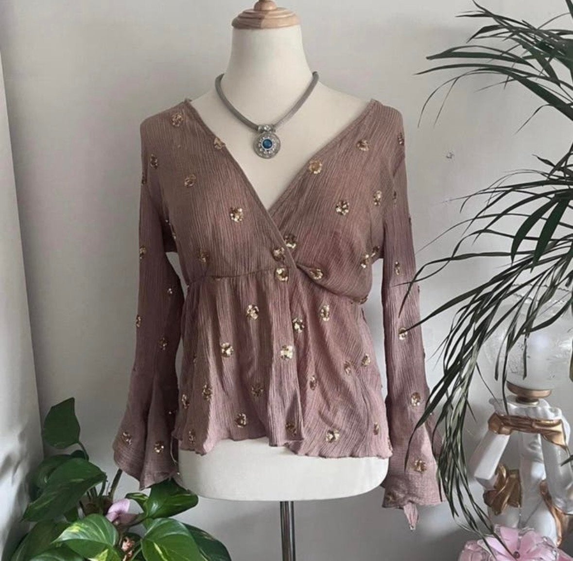 Azara Paris Blouse met pailletten S/M, Kleding | Dames, Bruin, Ophalen of Verzenden, Zo goed als nieuw, Lange mouw