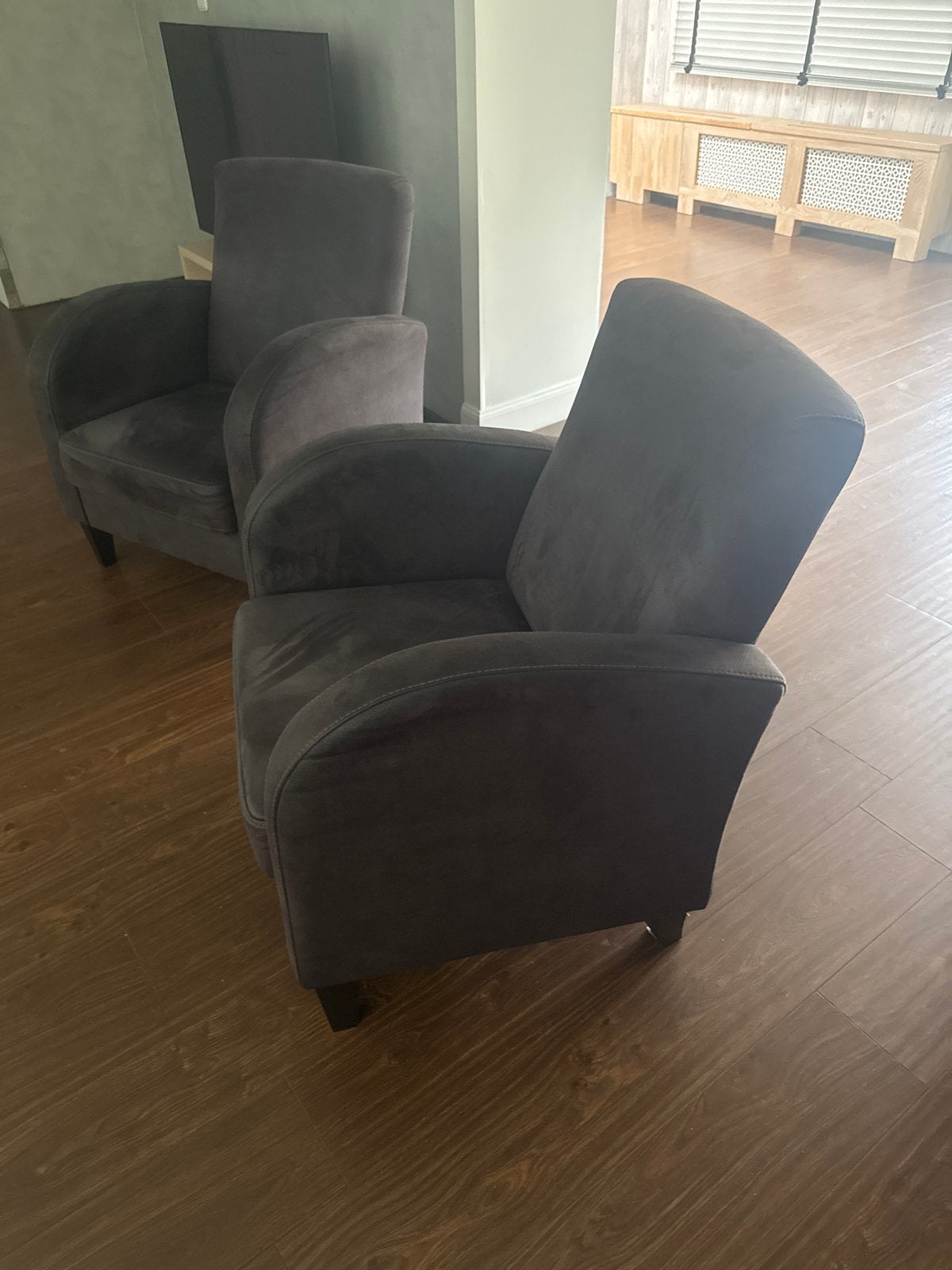 Twee comfortabele fauteuils - donkergrijs, Ophalen, Gebruikt, 75 tot 100 cm, Stof