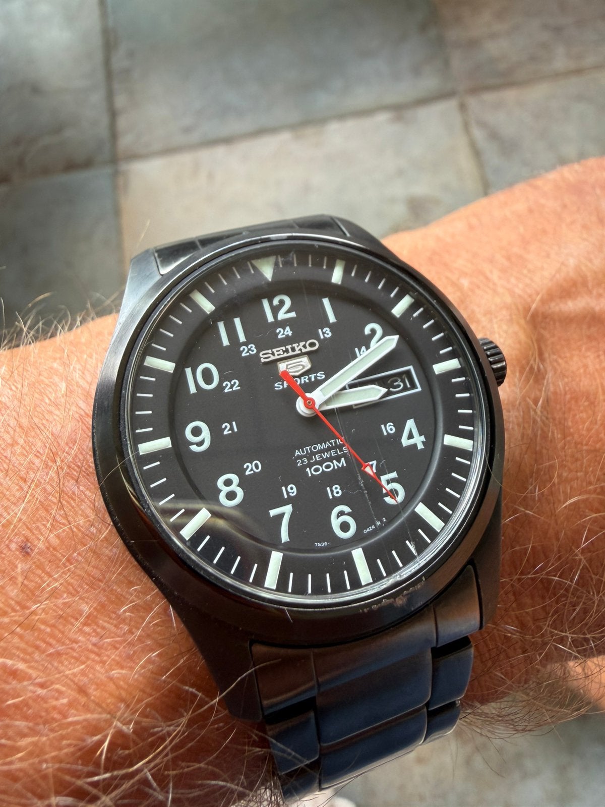 Seiko 5 Sports SNZG17K1 automaat zwart Origineel, Gebruikt, Staal, Polshorloge, Ophalen of Verzenden